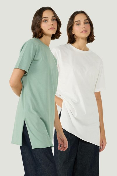 Crew Neck Half Sleeve Slit 2-Pack Long T-Shirt 963 Ecru/Cagla