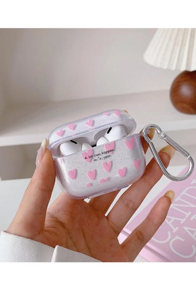 AirPods Pro 2Nd Generation Compatible Pink Heart Pattern Glitter Earphone Case with Hook Pro Ios Compatible