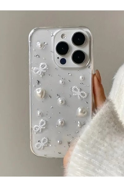 Apple iPhone 14 Pro Max Compatible Pearl Heart Bow Transparent Case Glitter Shockproof Cover