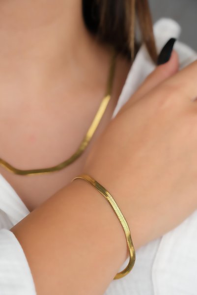 Women's Yellow Color Stainless Steel Italian Chain Necklace Bracelet Set