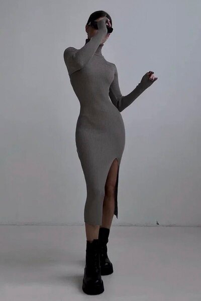 Mink Turtleneck Slit Women's Dress Mg1735