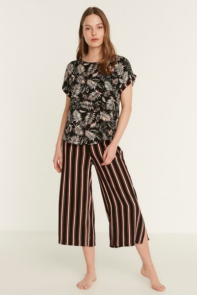 Patterned Viscose Short Sleeve Pajama Set 9081 Black