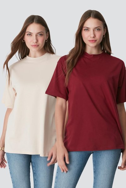 Crew Neck Short Sleeve 2-Piece Casual Basic T-Shirt 961 Claret Red/Beige