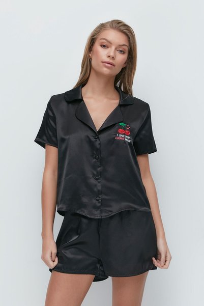 Embroidered Satin Short Sleeve Shorts Pajamas Set 033 Black