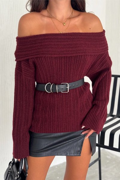 Women's Burgundy Standard Size Madonna Collar Ribbed Knitwear Sweater