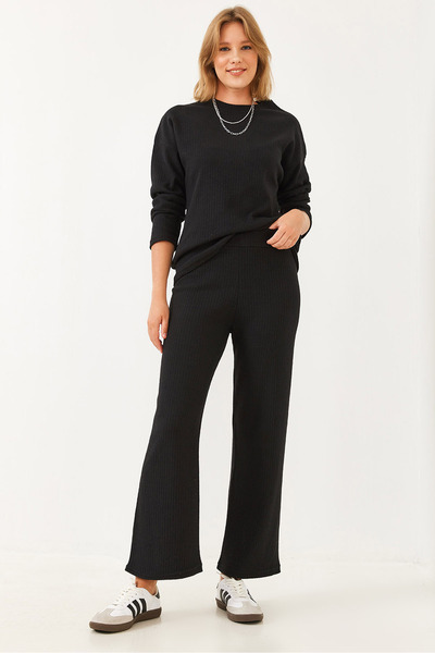 Women's Black Crew Neck Basic Top and Bottom Set 0036 60251871