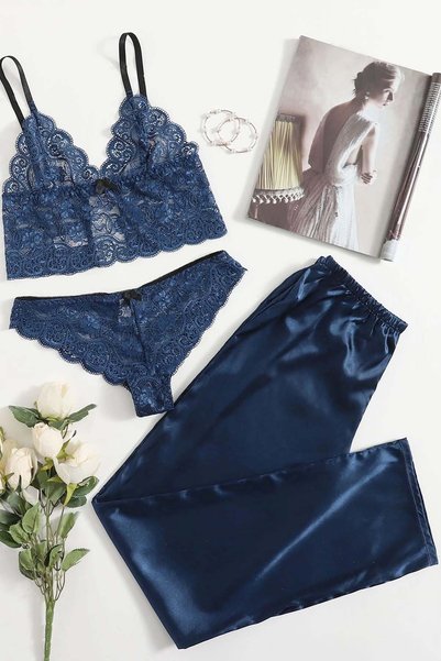 Lace Bra Panty Satin Pajama Bottom 3 Piece Set