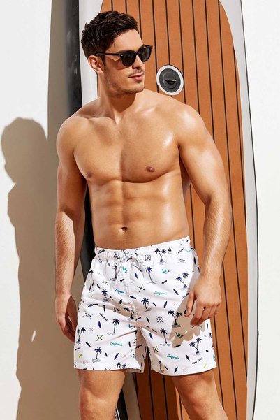 Men's Palm Tree Printed - Standard Size Swim Shorts with Pockets