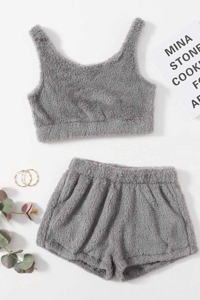 Sleeveless Strappy Plush Fleece Top and Bottom Shorts Pajama Set