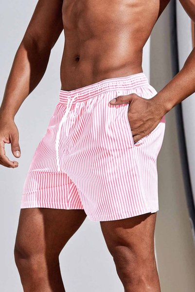 Men's Basic Standard Size Thin Striped Printed Swimsuit with Pocket Swim Shorts
