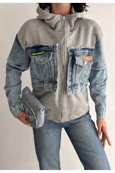 Women's Gray Zippered Pocket Jeans Detailed Hooded Design Jacket
