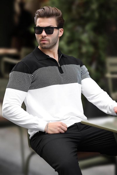 White Zipper Collar Color Block Long Sleeve Sweater 7262