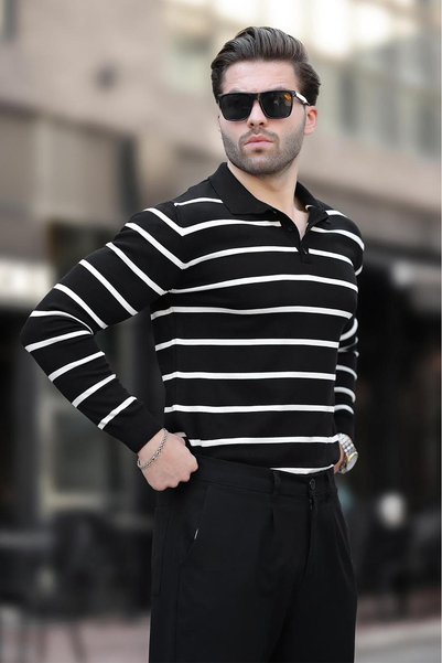 Black Buttoned Polo Collar Striped Long Sleeve Sweater 7263