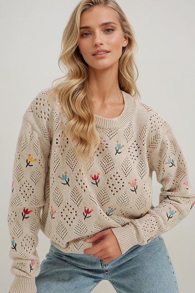 Light Beige Crew Neck Openwork and Embroidered Knitwear Sweater Alc-X9392