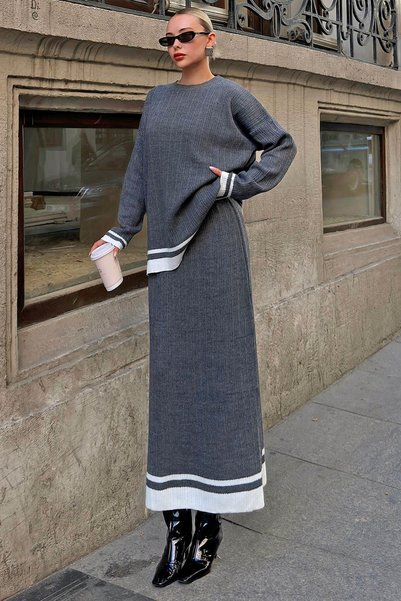 Smoked Kaia Stripe Detailed Crew Neck Sweater-Skirt Women's Knitwear Bottom-Top Set