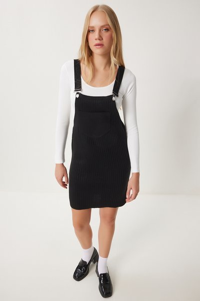 Women's Black Wide Pocket Corded Knitwear Salopet Ci00112