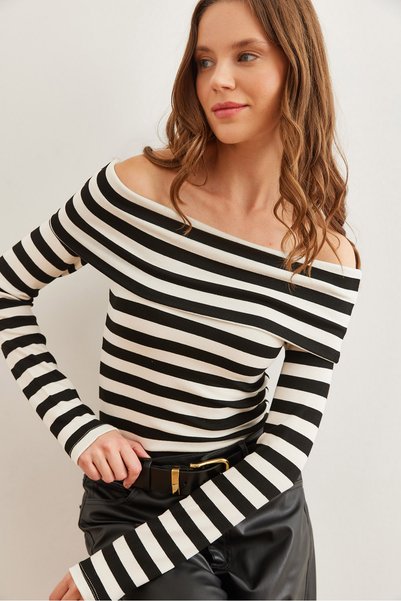 Women's Thick Striped Black Madonna Collar Soft Touch Flexible Blouse Blz- 19002769