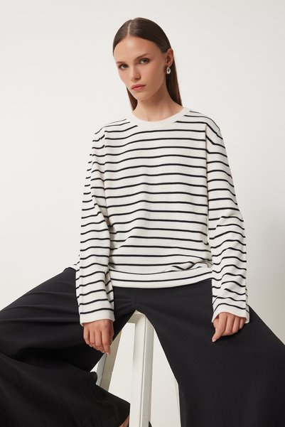 Women's Ecru Black Striped Transitional Knit Sweater KB00041