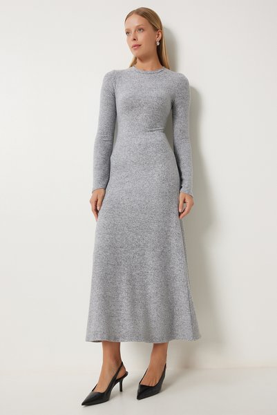 Women's Gray Melange Crew Neck Wrap Wool Knitted Dress Rg00043