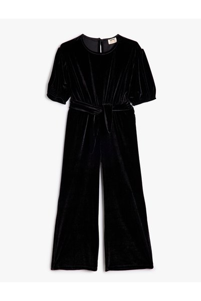 Velvet Balloon Sleeve Belt Detail Flared Jumpsuit