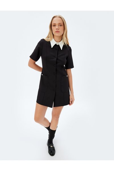 Contrast Shirt Collar Mini Dress Short Sleeve Buttoned Pocket A-Line