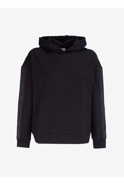 Hooded Collar Plain Black Women's Sweatshirt J4Wl-Swt7401