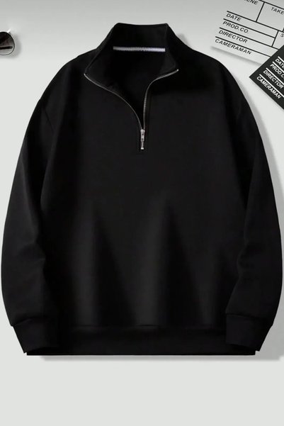 Stand Collar Half Zip Plain Pullover Sweatshirt