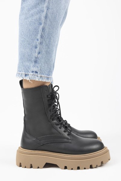 Diane Women's Genuine Leather Lace-Up Black-Tan Boots
