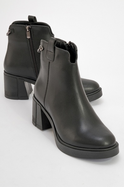 Mi̇er Black Skin Chain Detailed Women's Thick Heeled Boots