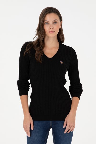 Women's Black V-Neck Basic Sweater 50288992-Vr046