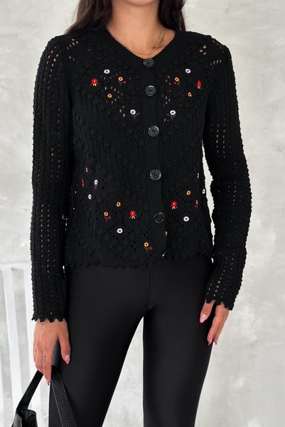 Women's Black Standard Size Buttoned Openwork Embroidered Knitwear Cardigan