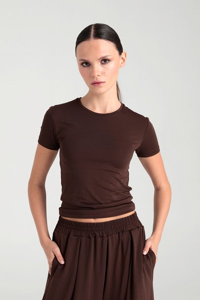 Soft Touch Round Neck Short Sleeve Blouse Brown