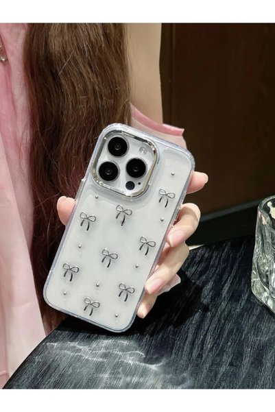 Apple iPhone 13 Pro Max Compatible Bow Pattern Transparent Case Glitter Shockproof Cover