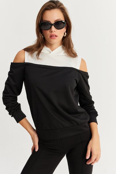 Women's Black-White Off-Shoulder Sweatshirt Tf15