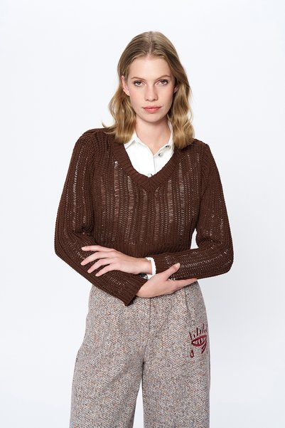 Padded V-Neck Crop Knitwear Dark Brown