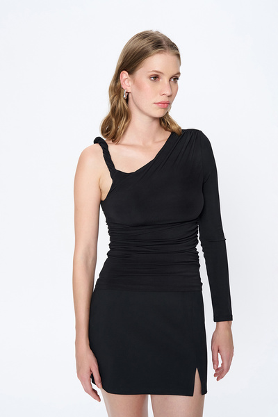 Drawstring Shoulder Single Sleeve Draped Blouse Black