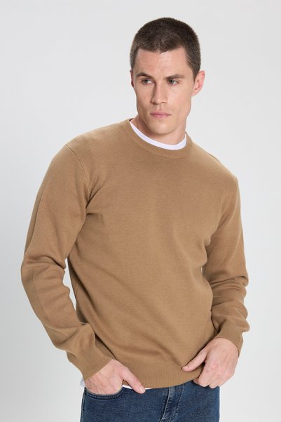 Regular Fit Regular Cut Crew Neck Beige Knitwear Sweater