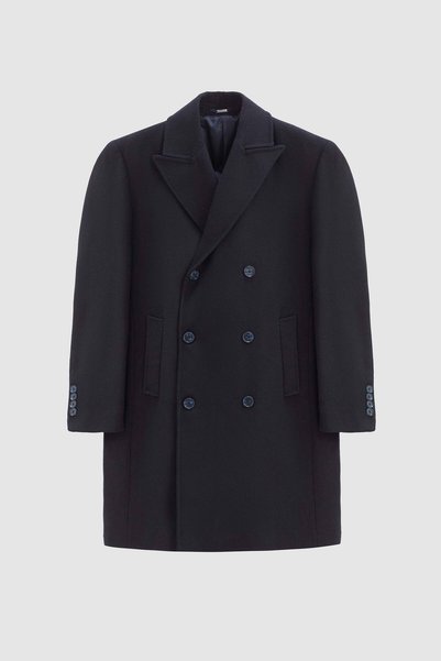 Ds Damat Regular Fit Navy Blue Herringbone Double-Breasted Overcoat