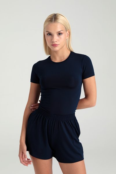 Soft Touch Round Neck Short Sleeve Blouse Navy Blue