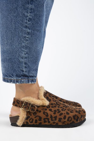 (Holly 2 Furry Leopard) Women's Genuine Leather Sabo Taba Sandals with Belt Buckle