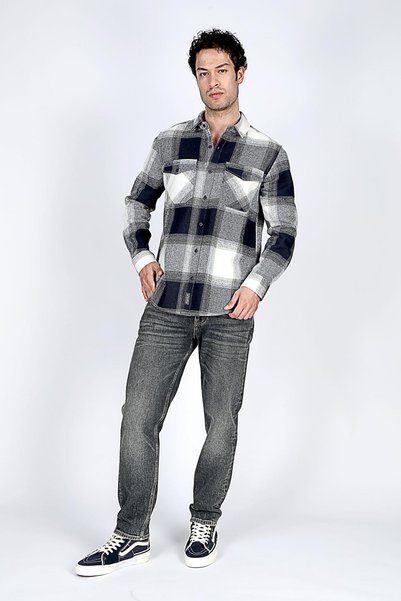 Wilfor Men's Woven Long Sleeve Shirt Navy Blue-Khaki