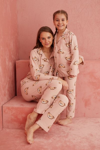 Mink Bear Patterned Front Buttoned Suede Pajama Set
