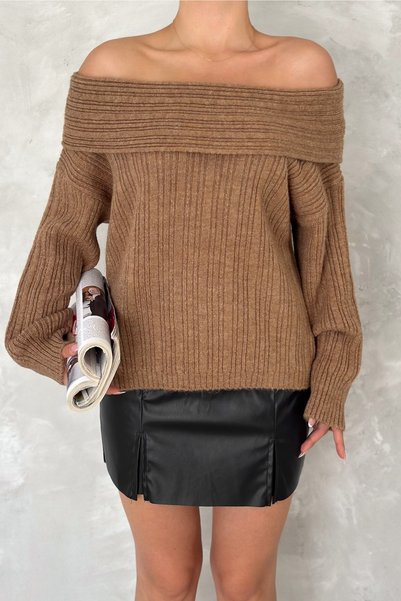 Women's Camel Standard Size Madonna Collar Ribbed Knitwear Sweater