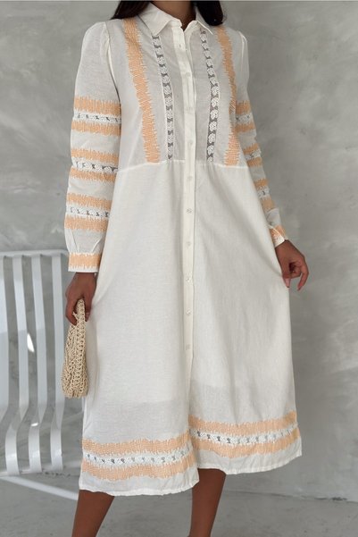 Women's White Buttoned Lace Detailed Embroidered Dress