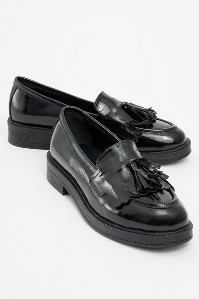 Milina Black Patent Leather Tasseled Genuine Leather Women's Loafer Shoes