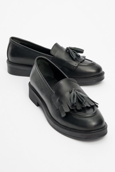 Milina Black Skin Tasseled Genuine Leather Women's Loafer Shoes