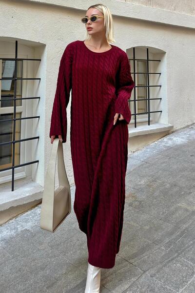 Claret Red Crew Neck Hair Braided Women's Knitwear Midi Dress
