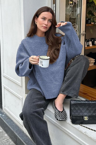 Indigo Crew Neck Oversize Knitwear Sweater MG1972