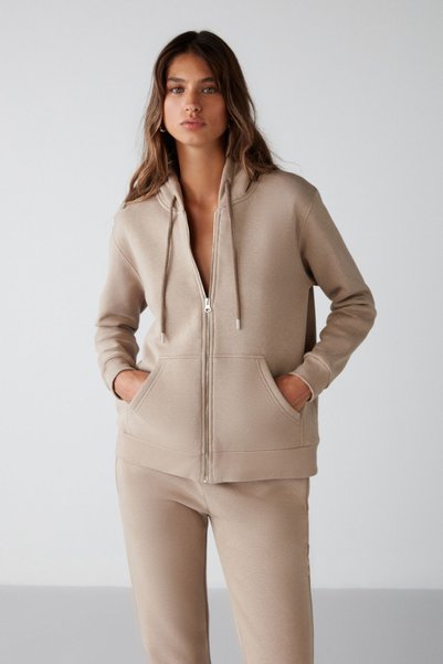 Carlota Women's Soft Fleece Inside 3 Thread Relaxed Hooded Zippered Mink Sweatshirt