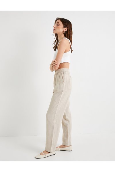 Muslin Trousers Tie Waist Pocketed Cotton Normal Waist